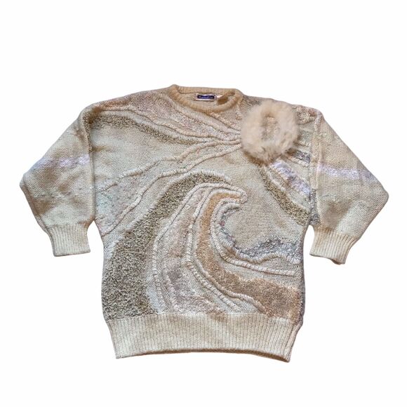 Vtg 80s Mariea Kim Sweater M Beige 3D Textured Applique Dolman Sleeve Artwork - Picture 1 of 9